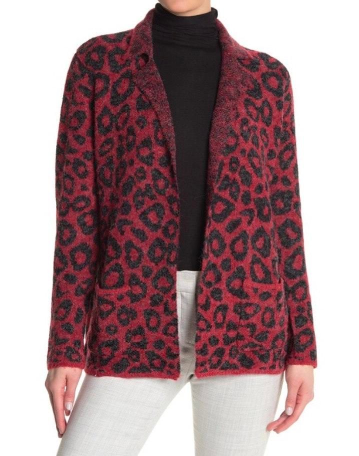 red animal print cardigan