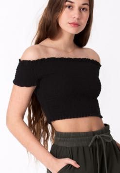 black smocked off the shoulder top