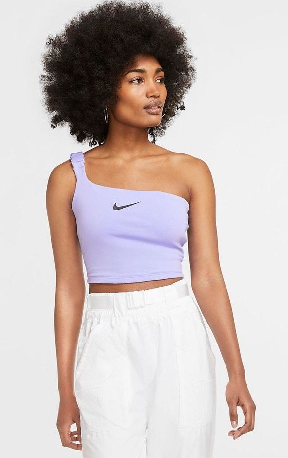 nike one shoulder buckle crop top in off white
