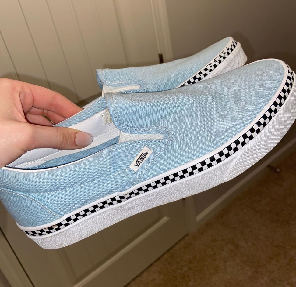 light blue checkered slip on vans