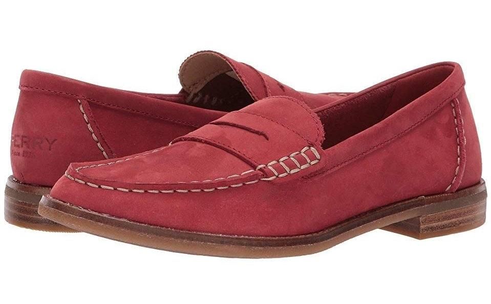 red penny loafers