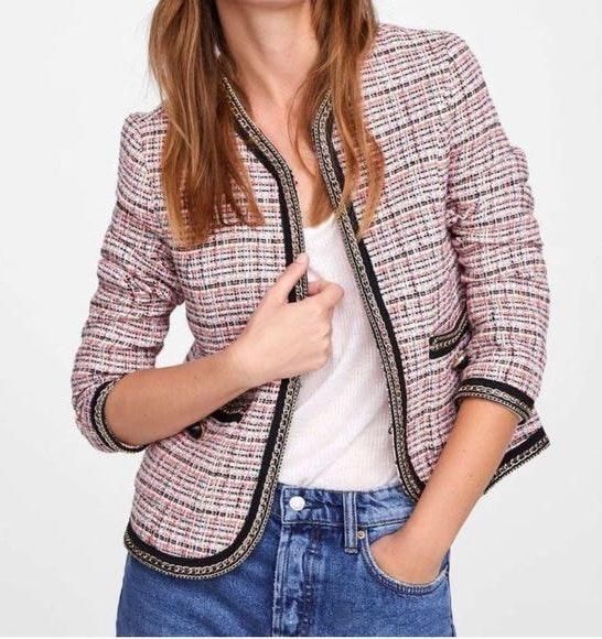 pink tweed jacket zara