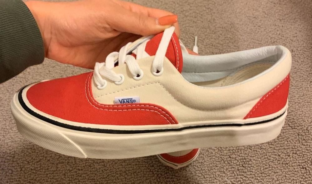 cream and red vans