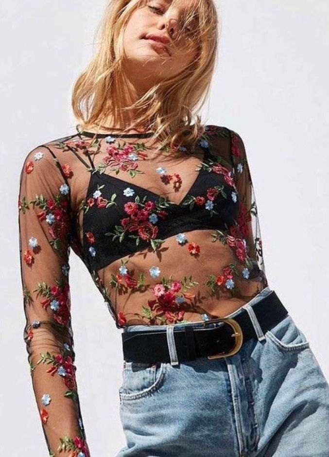 floral mesh long sleeve top