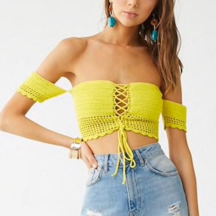 neon yellow off the shoulder top