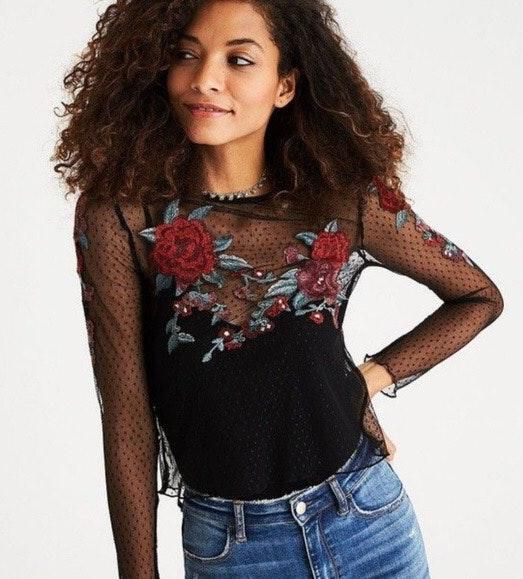 black mesh embroidered top