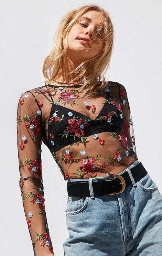 sheer floral long sleeve top