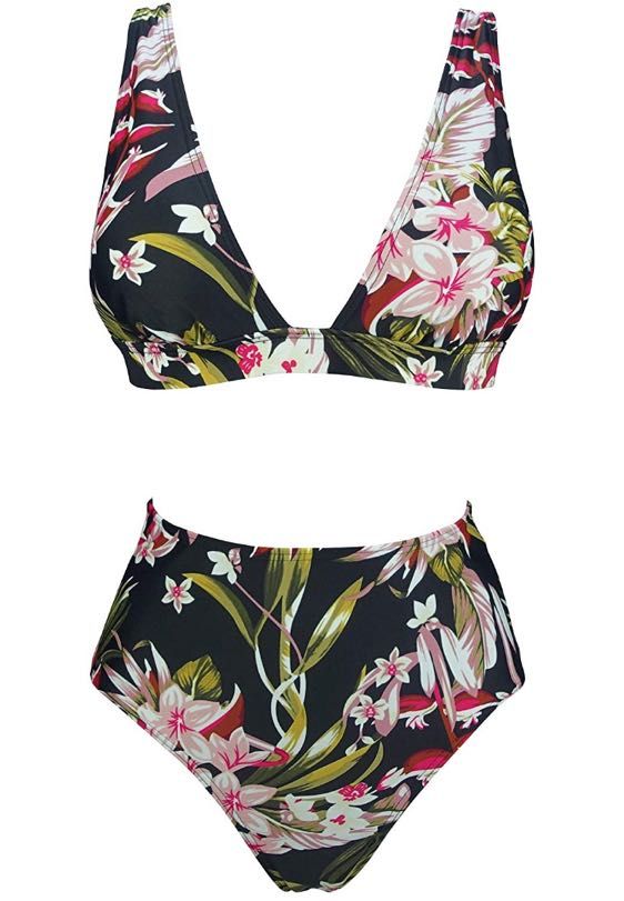 Cocoship Women S Retro Lush Floral High Waisted Bikini Set Deep V Neckline Top Concise Swimsuit Curtsy
