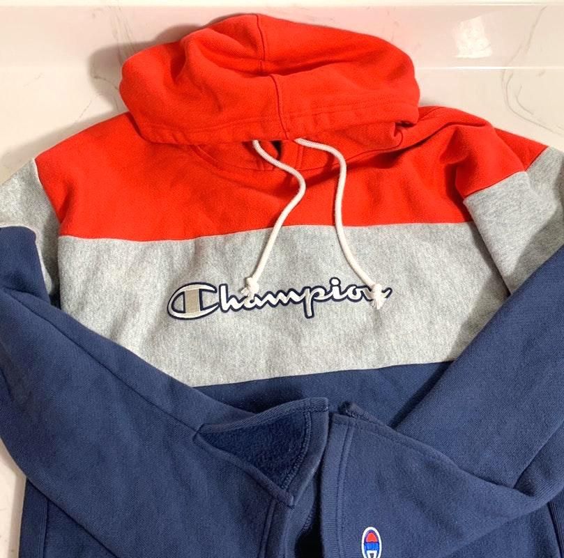 champion red and blue sweatshirt