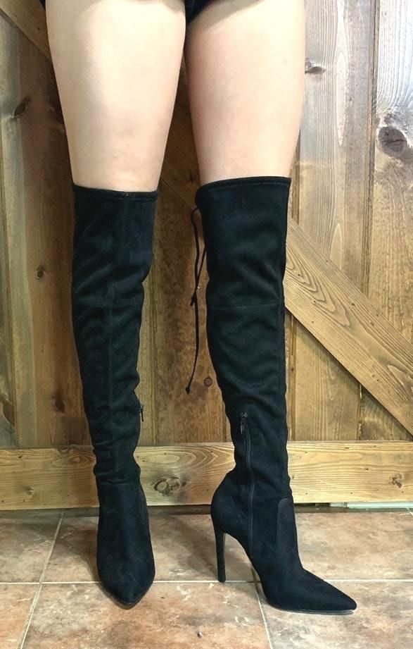 guess black thigh high boots