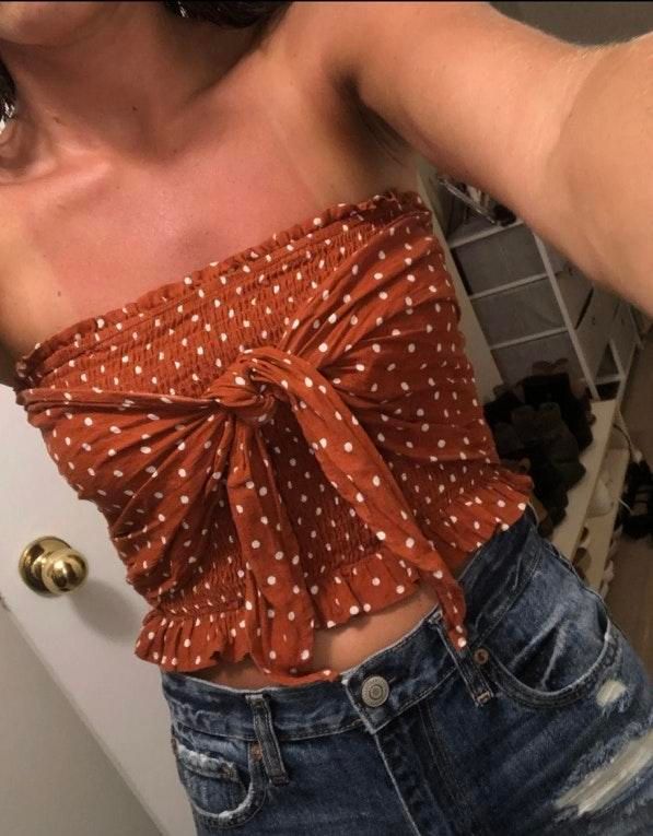 burnt orange polka dot top