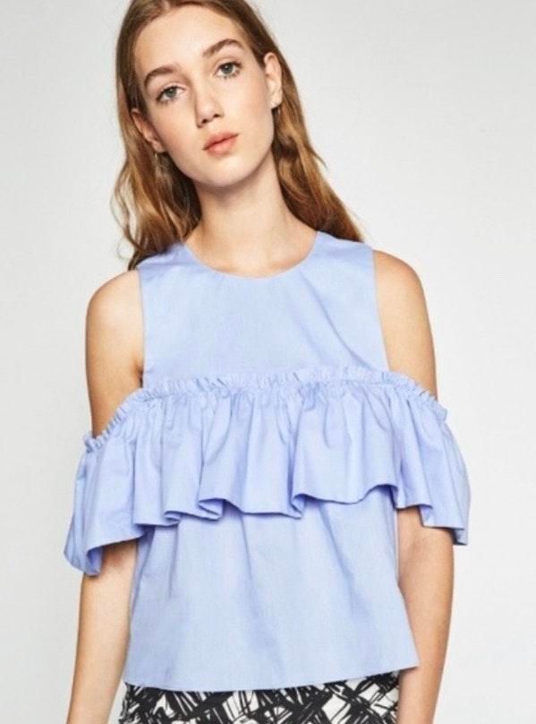 white ruffle cold shoulder top