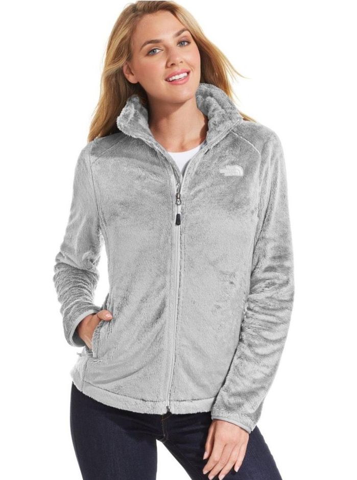 gray fuzzy north face jacket