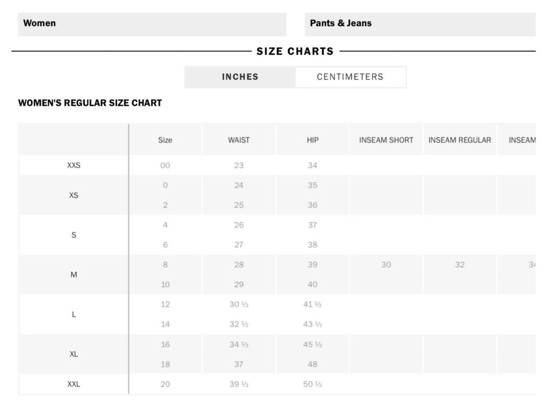 old navy bottoms size chart