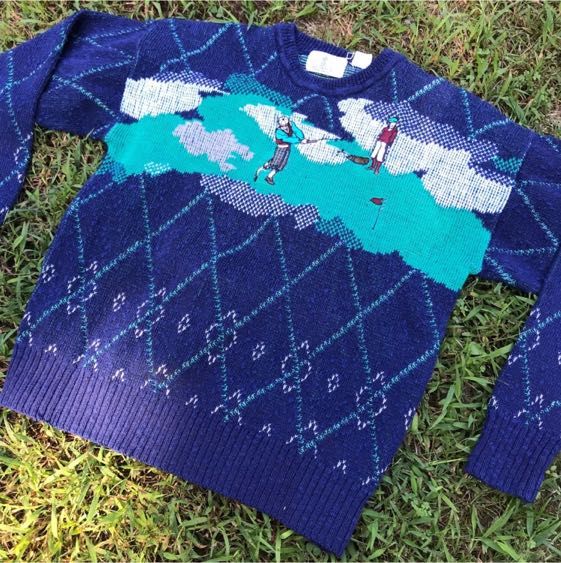 Austin Reed Vintage Blue Green Golf Heavy Knit Sweater Curtsy