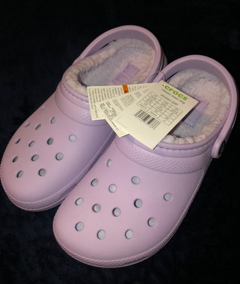 purple crocs with fur