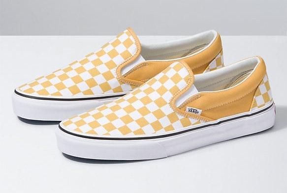 yellow checkered vans slip on