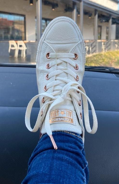 white leather and rose gold converse