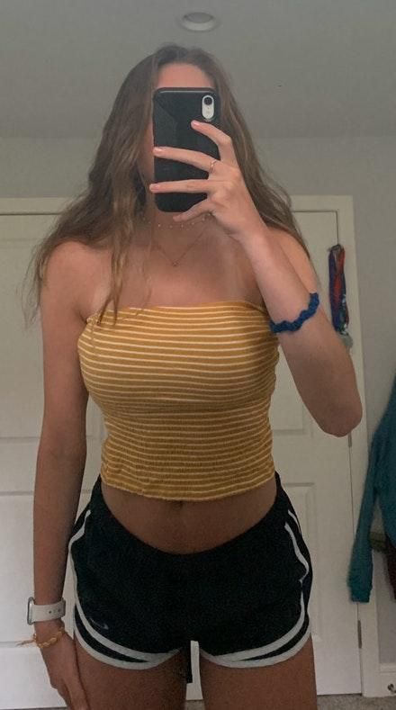 yellow and white striped tube top