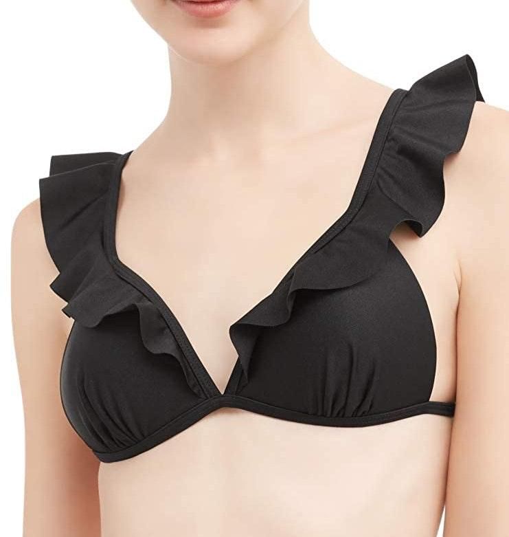 black ruffle swim top