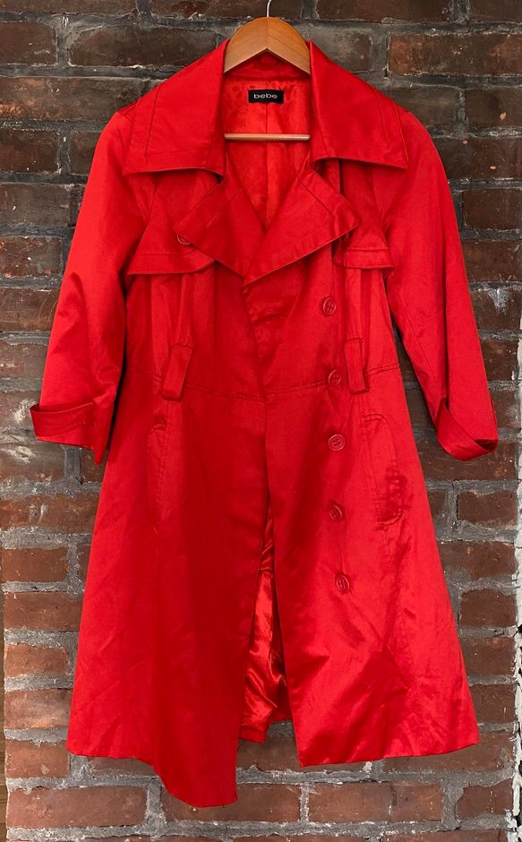 Bebe Holiday Red Satin Trench Coat Curtsy