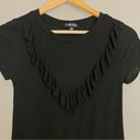 Timing  T-Shirt Ruffled Faux V-Neck Collar Short Sleeves Black Stretch Ribbed Top Photo 0