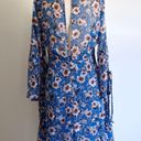 Ruffle High Collar Floral Tie Flared Sleeves Shift Dress Blue Photo 1