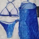 3 Pieces Tie Dye Bikini Sets, Halter Neck High Cut With Cover Up Dress Slight Stretch Swimsuit Size XL Blue Photo 2