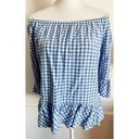 BeachLunchLounge  • Blue White Gingham Plaid Off Shoulder Blouse Photo 11