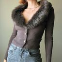 The Loft Vintage Y2K Chocolate Brown Faux Fur Trim Crop Cardigan Sweater Photo 1