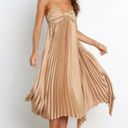 Petal and Pup  Vikki Gold Satin Pleated Asymmetrical Hem Midi Dress 10 Photo 2