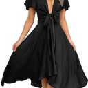 Satin V Neck Ruffle Short Sleeve Tie Front High Waist Midi A Photo 0