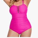 One Piece Yonique Pink Sexy ruched tummy control  bathing swim suit plus 20W Photo 2