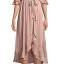Bardot  Dress Womens 6 Bea Cold-Shoulder Ruffle Wrap Biscotti Dusty Pink Satin Photo 3