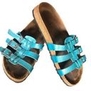 Birkenstock Birki” Xenia Teal Snakeskin Slip On Sandals Sz 38/7 Triple Buckle Photo 0