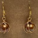 Hand Crafted Women’s Gold Wrapped Dangle Genuine Copper Pearl Pierced Earrings Photo 1