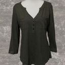 Christopher & Banks  | Olive Green V-Neck 3/4 Sleeve Striped Buttoned Top Size S Photo 6