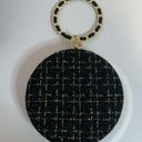 BLACK AND GOLD TWEED HARD CASE PURSE WITH BLACK LEATHER WEAVE BRACELET HANDLE Photo 0