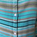 KAVU Women’s Sz Medium Stripe Blue Green Button Front Short Sleeve Shirt Collar Photo 2