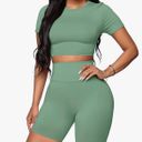 Two Piece Biker Shorts Crop Top Set Green Photo 0