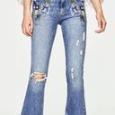 ZARA  Embroidered Midrise Mini Flare Leg Distressed Cropped Denim Jeans Size 2 Photo 0