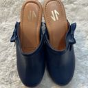 SILVIA COBOS Sz 8 Navy Bow DAILY CLOG LEATHER SLIP ON CLOGS Wood Platform Heel Photo 2