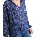 Lucky Brand  Printed Peasant Blouse Blue White Peach Floral Tie Neck Long Sleeve Photo 0