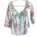 Peach Love California NWT Peach Love Blue Floral Cold Shoulder Cropped Blouse. Size Small. Photo 0