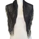 Sheer Black Scarf With Detailed Lattice Trim With Silver Hand Beaded Poms Photo 1