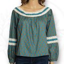 Luna  Moon Crochet Boho Peasant Printed Long Sleeve Blouse Teal Blue Size XL Photo 0