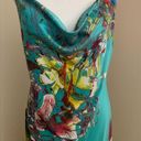 Natori  Teal and Floral Silky Chemise Slip Dress with Draped Neckline Size Small Photo 0