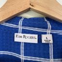 kim rogers  blue white semi-sheer window pane plaid button up blouse shirt L Photo 2