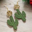 Whimsical Acrylic Cactus Dangle Earrings Black Dot Pattern, Bohemian Style Green Photo 0