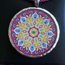 Necklace with sparkly mandala and evil eye design on pink ribbon Photo 3